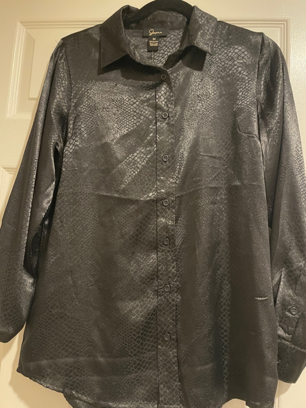 Black Satin Snake-Texture Button Front Blouse NWT